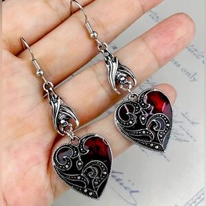 ♥️ Bats + Hearts filigree scroll style silver drop earrings gift goth valentines